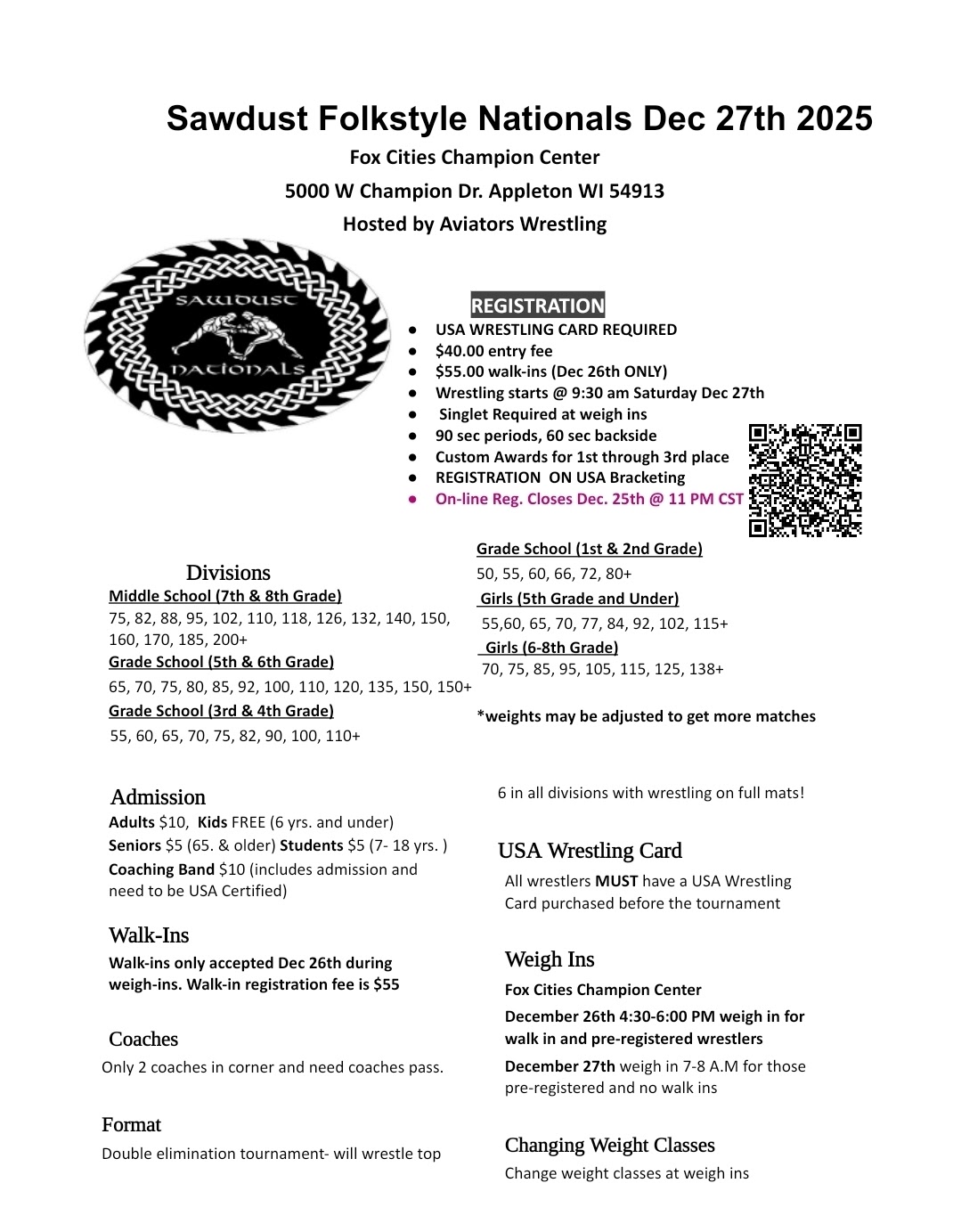 Archived Sawdust Folkstyle Nationals flyer for December 27, 2025